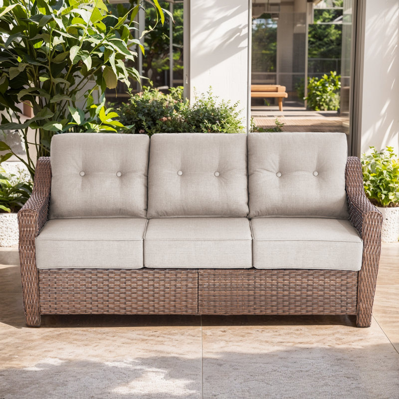 Acton 75" Outdoor Wicker Rattan Patio Sofa With 6" Thick Cushions, Beige