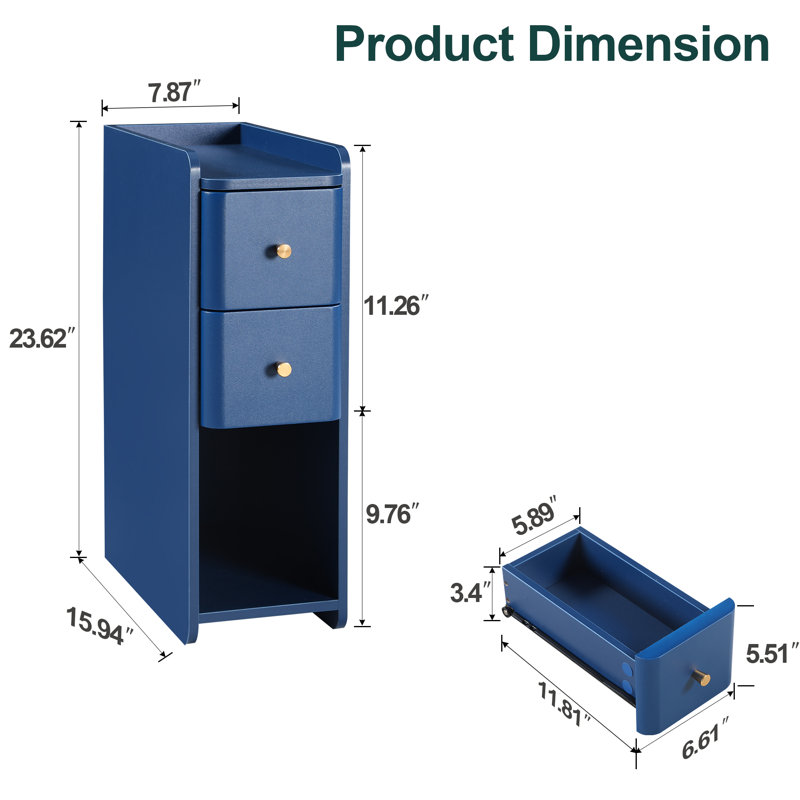 2-Drawer Narrow Nightstand, Blue