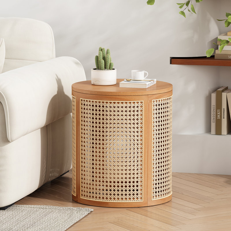 17.8"H Rubber Solid Wood Frame Rattan Grid Design Side Table, With Removable Rubber Solid Wood Panel Top End Table , Rustic Greenery Stand