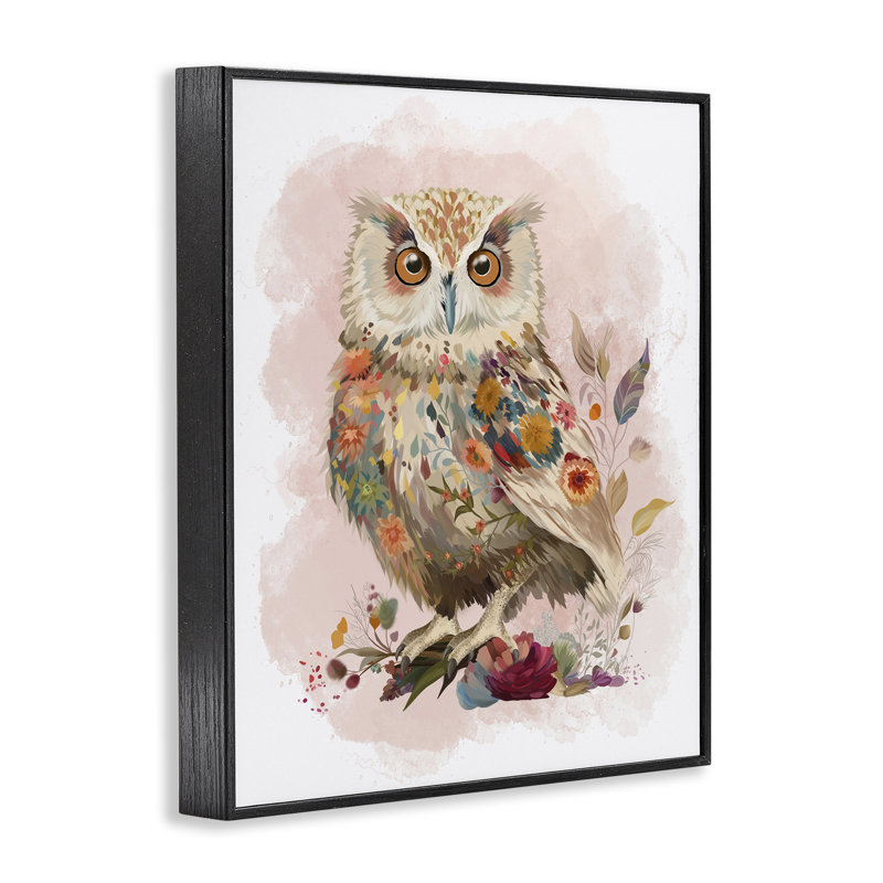 Hibou et fleurs sauvages, estampe numérique encadrée par Fab Funky, Giclée encadrée noir minuit, H 14 po x l 11 po