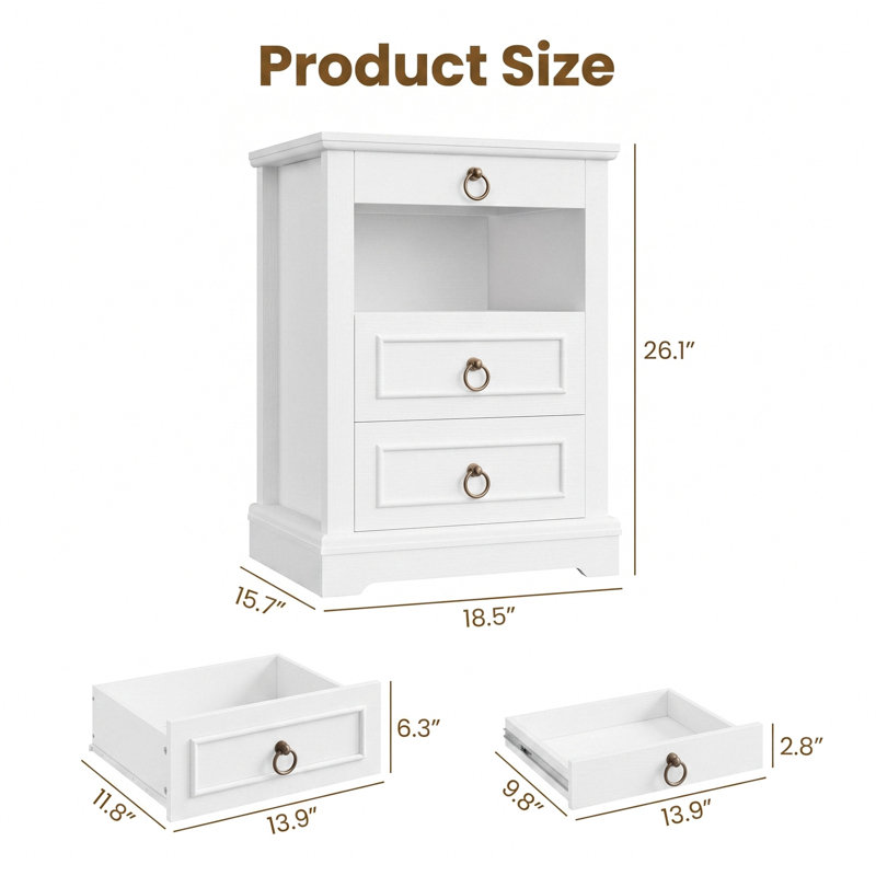 Commode 3 tiroirs 18,5 po Sadet, Blanc, Unité simple
