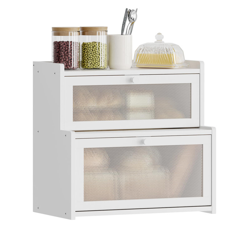 Large Bamboo Bread Box, Farmhouse Pantry Organizer, 2 Layers, (White) - White