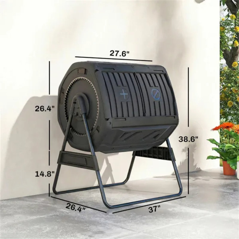 Black Dual‑Chamber Rotating Outdoor Compost Bin, 360° Tumbling Composter with Adjustable Vents & Metal Base
