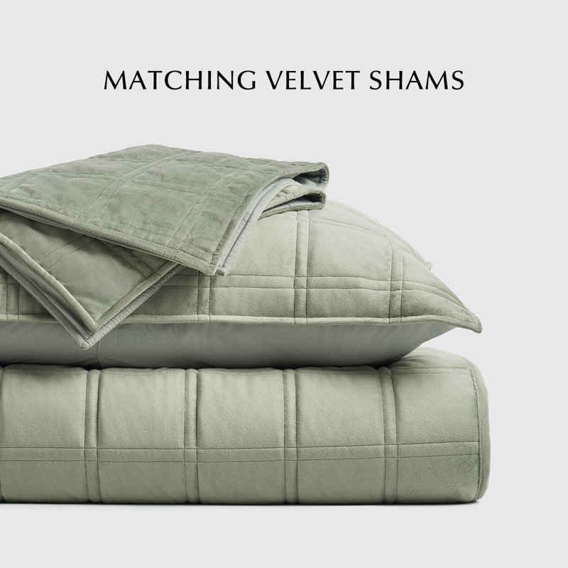 Double Box Stitch Velvet Quilt set, Sage Green, King Quilt + 2 King Shams