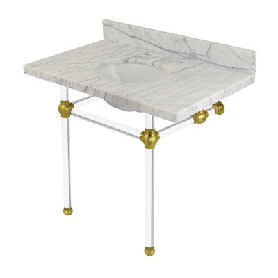 Comptoir de meuble-lavabo en marbre Carrara de 36 po avec pieds en acrylique transparent Kingston (8 po, 3 trous) Kingston Brass Templeton