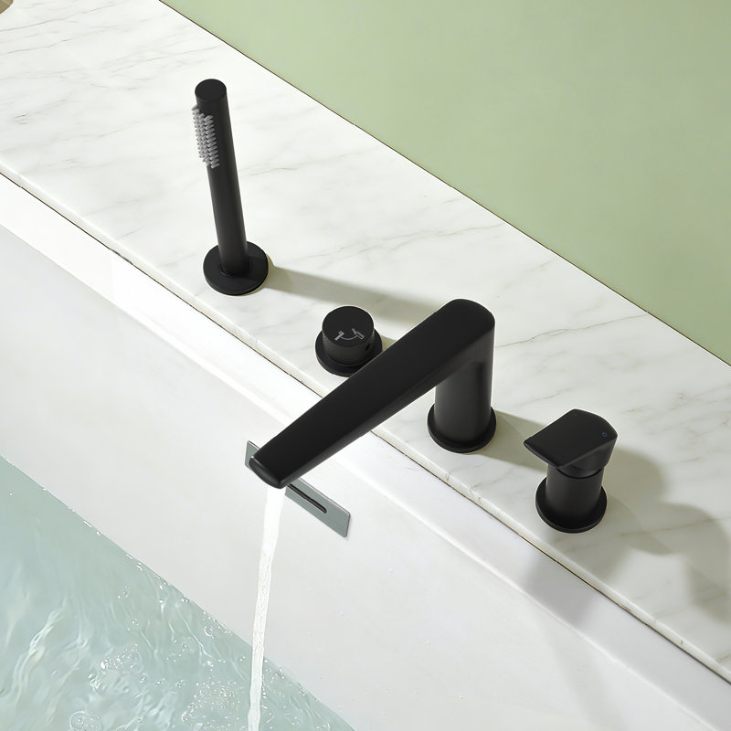 4-Hole Tub Faucet With Hand Shower, Solid Brass Bathtub Faucet Set, Matte Black
