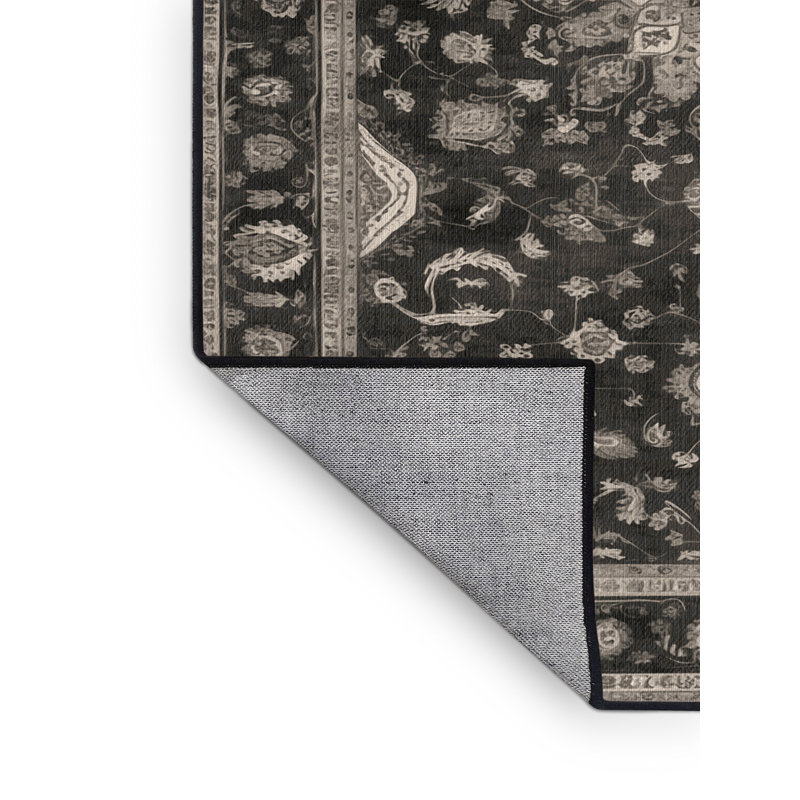 Machine Washable Tabriz Black Area Rug, Round 5'