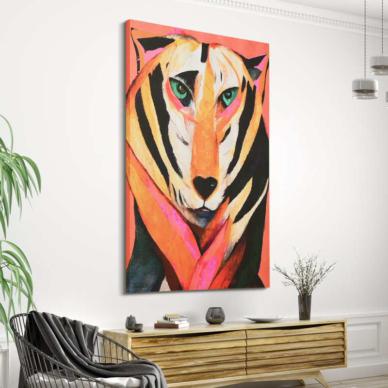 Vibrant Tiger Abstract Art on Gold Shagreen Canvas, 60" x 40"