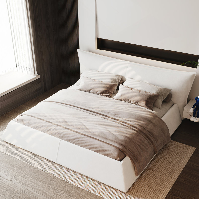 Lit plateforme tapissier avec tête de lit en velours de forme spéciale, structure en métal et bois massif, Beige, Grand lit