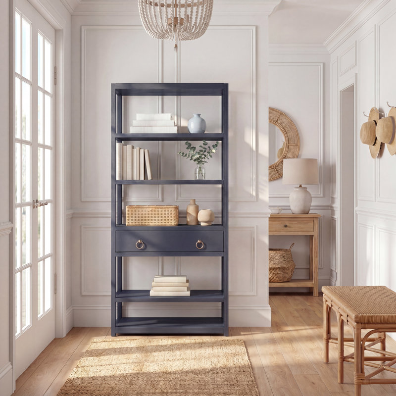 Modern Amelia Etagere Storage Bookcase – Stylish Navy Wood Bookcase with 5 Shelves & Discreet Drawer, Navy