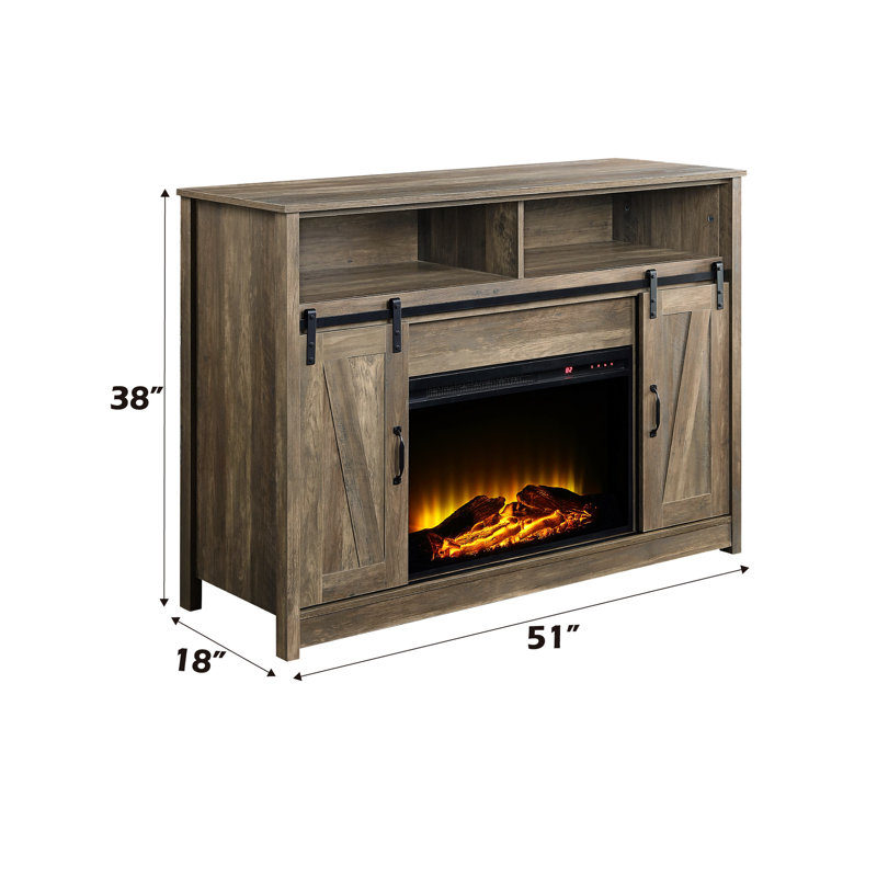 Meuble télé rectangulaire avec foyer au fini chêne rustique, 2 rangements de porte et compartiments ouverts, porte de grange coulissante, kd, plateau épais de 15 mm, panneau de particules en plastique et verre, métal, papier plaqué, 4777,