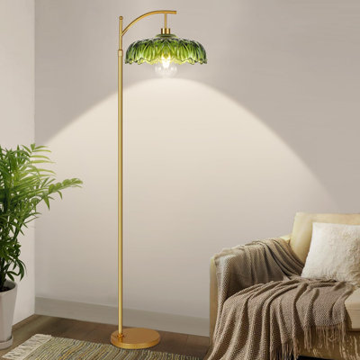 Lampe sur pied moderne Mid-Century avec télécommande à intensité variable, hauteur réglable, design en laiton rétro, abat-jour en verre vert pour le salon et la chambre à coucher
