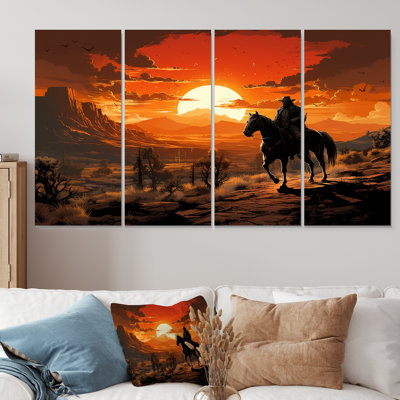 «Sunset Wild Westcowboy II - Cowboys», ensemble de 4 décorations murales