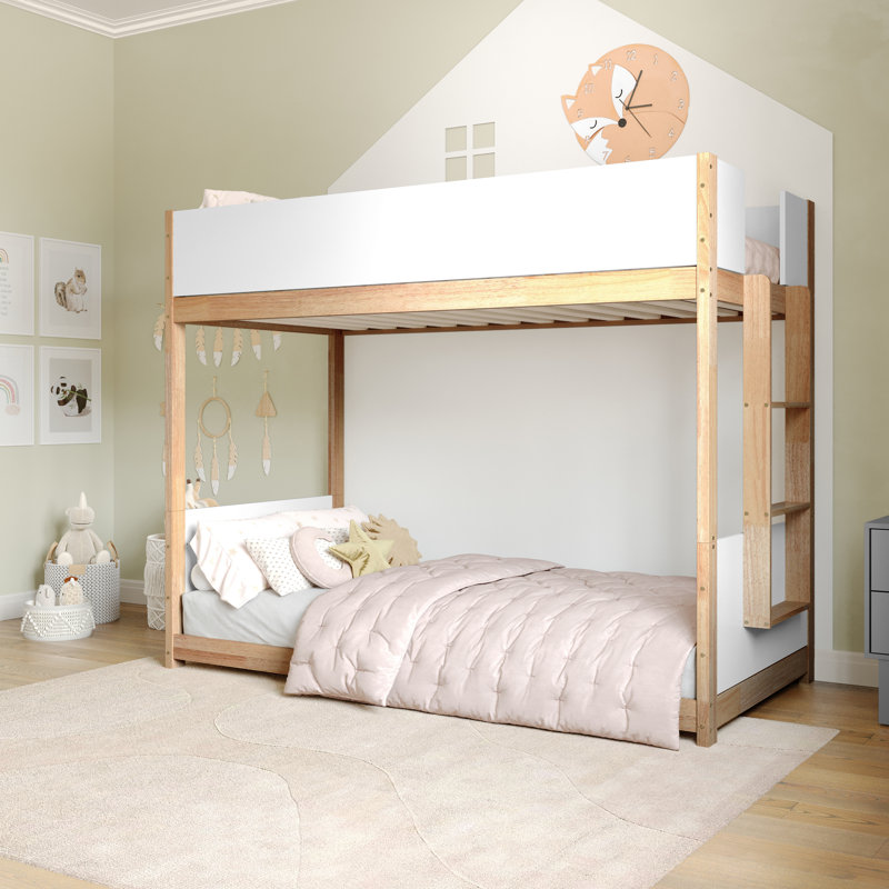 Cadre de lit superposé convertible en bois massif pour enfants avec échelle, sans sommier, Blanc