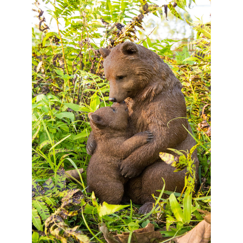 Statue de jardin mère et bébé ours noir ultra réaliste, Brun