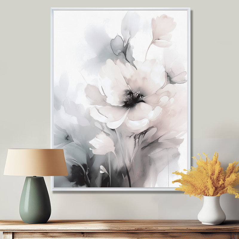Douces fleurs gris clair I - art mural floral, H 32 po x l 24 po, Cadre flottant blanc
