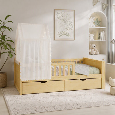 House Bed Frame with Detachable Tent, LED Lighting, Storage Drawers, Bookshelves, and Safety Guardrails for Kids