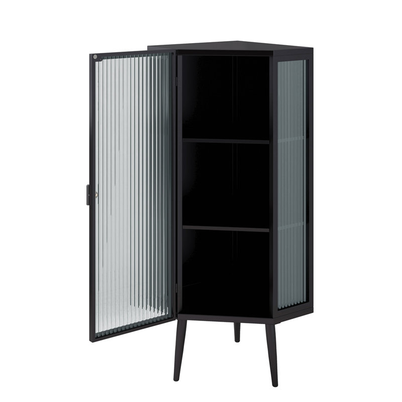 22.25'' Floor Coner Cabinet,Three Tiers With Tempered Glass Doors And Storage Shelves, Black
