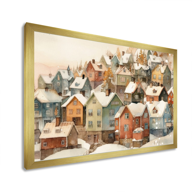 Winter Village III - paysage moderne, art mural, H 12 po x l 20 po x P 1 po, Toile tendue