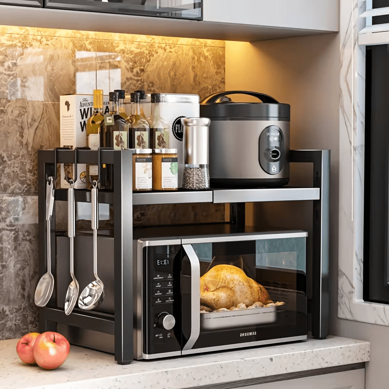 Expandable Microwave Oven Rack Shelf, Kitchen Countertop Organizer Stand Rice Cooker Stand