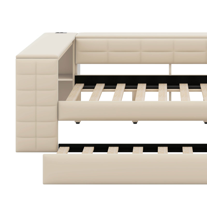 Lit plateforme double tapissier pleine grandeur avec tablettes de rangement, bureau, station de charge et lit gigogne, Beige