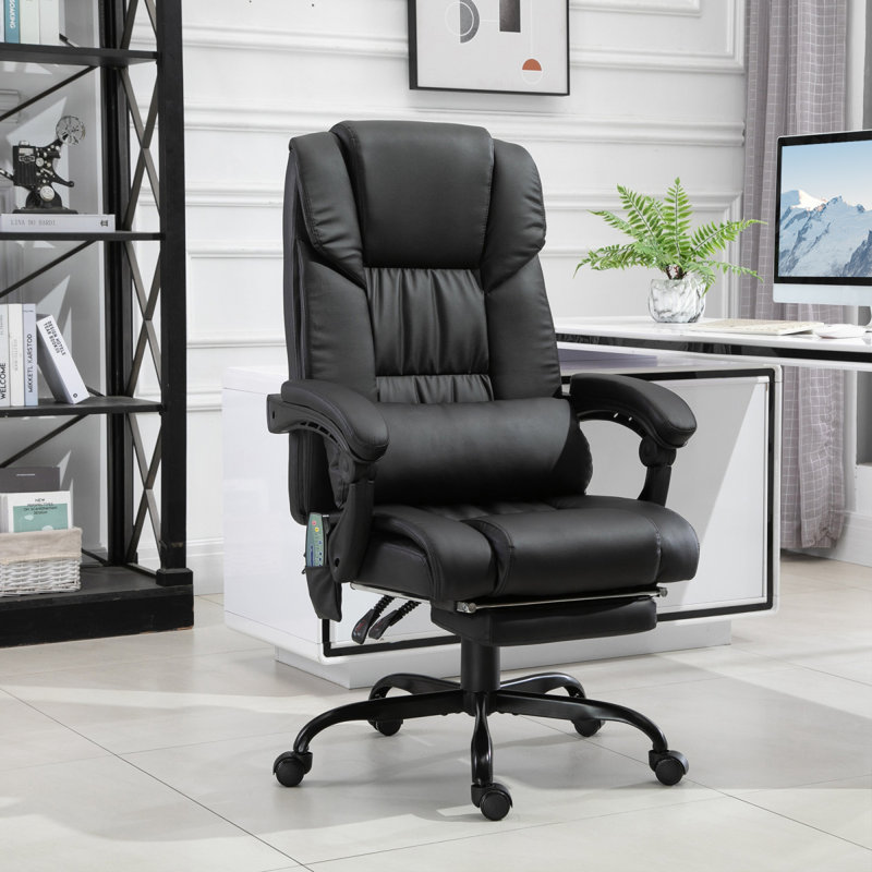 Fauteuil de bureau massant à dossier haut avec 6 points de vibration, fauteuil d'ordinateur inclinable en cuir PU, fauteuil de bureau ergonomique avec repose-pieds et télécommande de réglage en hauteur