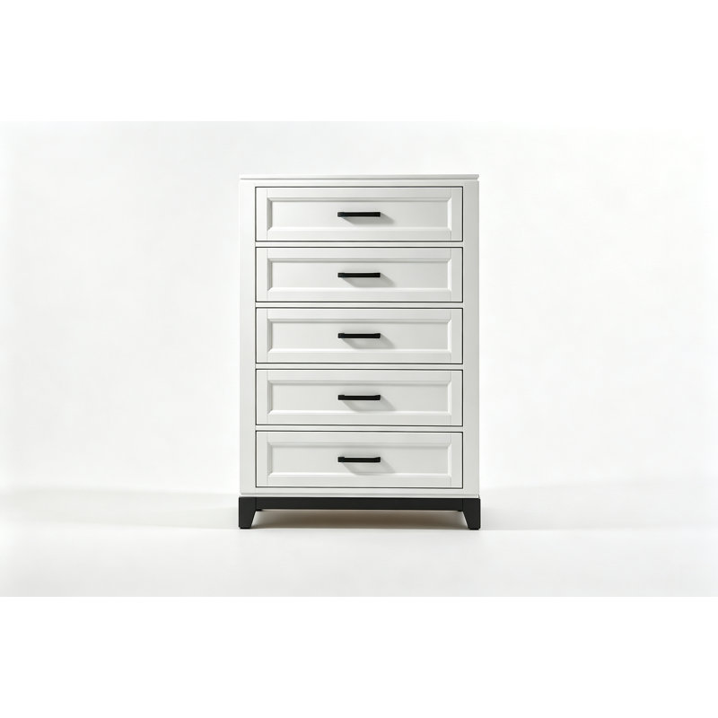 Commode bicolore blanche à 5 tiroirs, meuble de rangement de chambre en bois d'acacia de style transitionnel avec tiroirs doublés de feutre