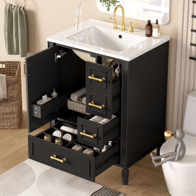 24" Modern Bathroom Vanity With Ceramic Sink, Soft-Close Door, 3 Drawers, Gold Handles, And Door-Mounted Rack For Space-Saving Storage
