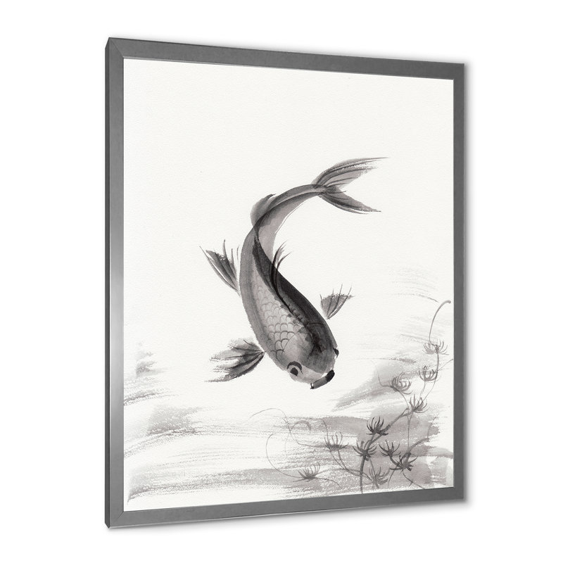 " Monochrome Vintage Fish I " Painting Print, 40" H x 30" W x 1.5" D, Silver Framed Canvas