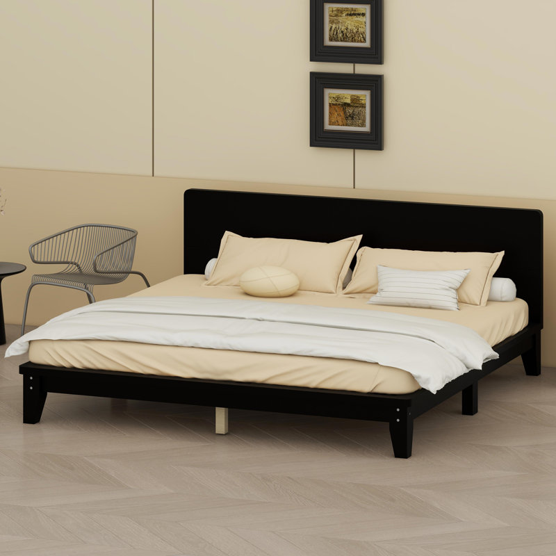 Base de lit plateforme moderne avec tête de lit intégrée et support à lattes, Noir