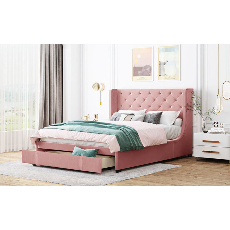 Lit tapissier grand en velours rose avec structure, tête de lit à oreilles et plateforme à grands tiroirs - option pratique