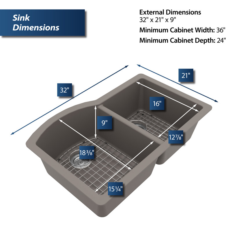 Ensemble d'évier de cuisine à double cuve 60/40 Karran Quartz 32 "X 21", Béton