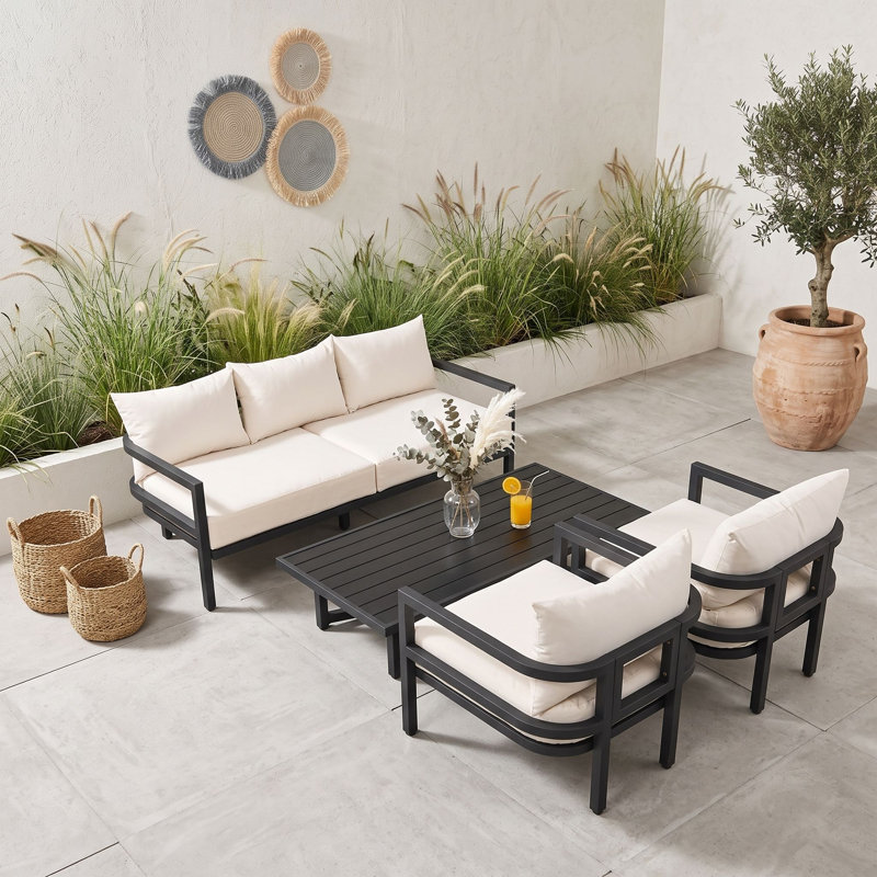 Ensemble de canapé d'extérieur en bois avec table basse, sièges et coussins, Beige