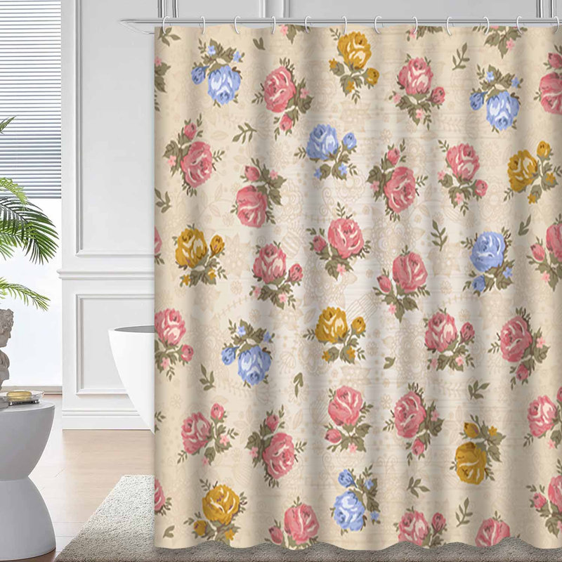 Rideau de douche imperméable à motif floral en dentelle rose avec 12 crochets, 72" L x 78" W