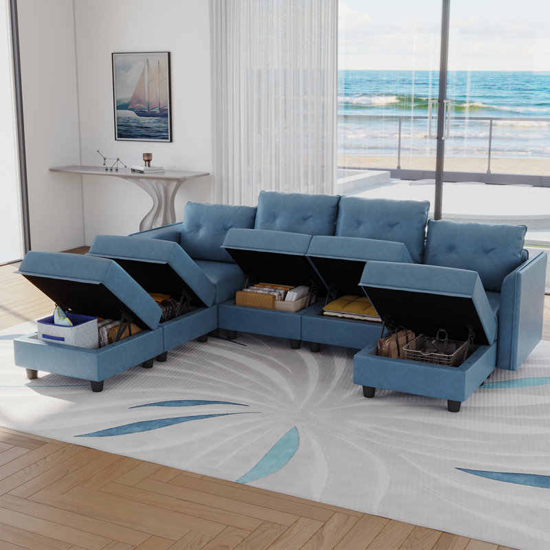 Zendajas 7 - Piece Modular U-Shape Sectional Sofa with Ottoman, Sky Blue Faux Leather