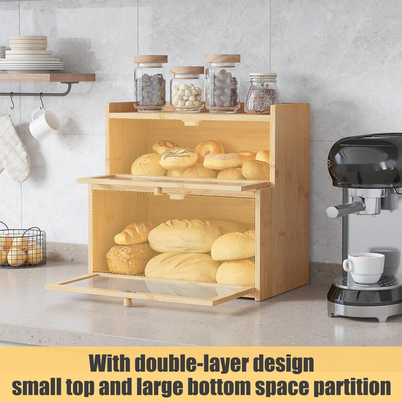 Natural Bamboo Double Layer Bread Box with Window