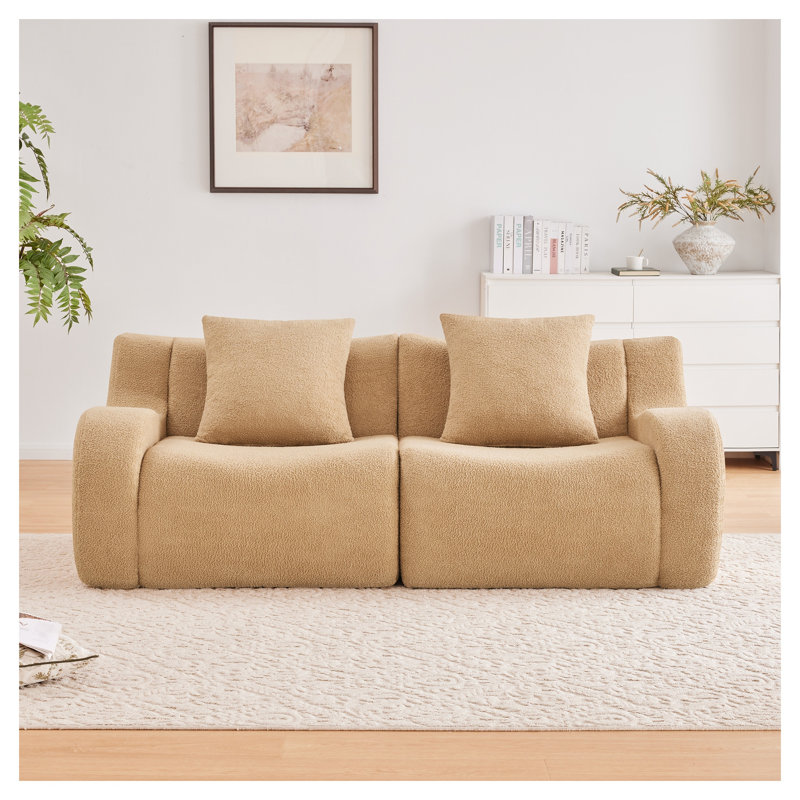 Camel Teddy Fabric 2-Seat Loveseat Sofa, No Assembly Required Curved Arm Living Room Sofa, Camel