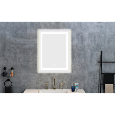 24 po x 28 po - Miroir de salle de bain à DEL brouillard avec façade et rétroéclairage, 3 couleurs, gradation continue, cadre en aluminium, brouillard mural, réflexion non faussée