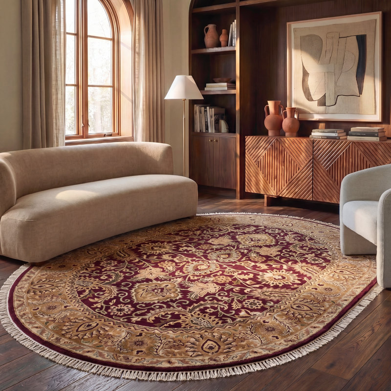 Tapis bourgogne / doré en laine touffeté à la main Bromley, Ovale 7 pi 6 po x 9 pi 6 po