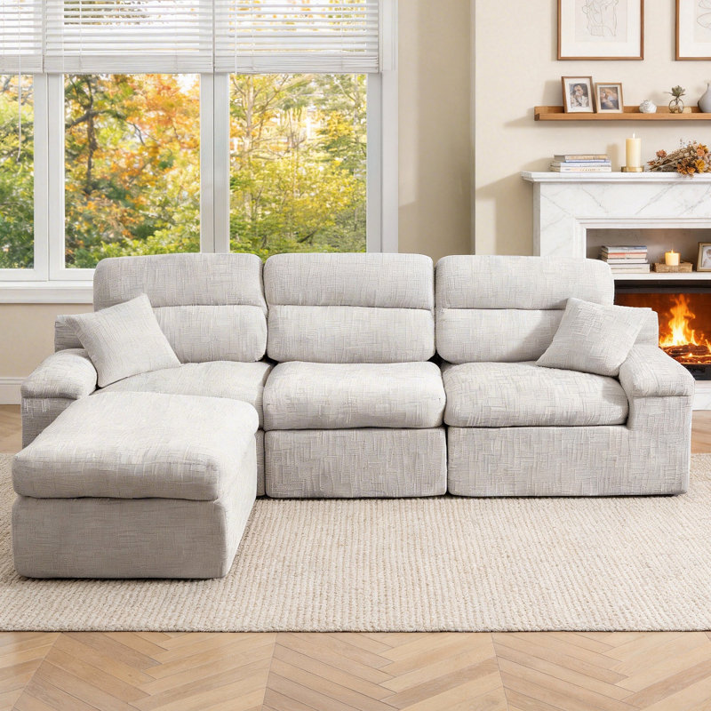 Canapé d'angle avec dossier haut, canapé en L avec chenille flammée, coussin éponge haute densité compressé, canapé sans assemblage peu encombrant