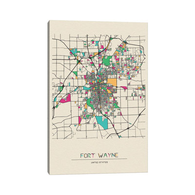«Fort Wayne, Indiana Map» par Ayse Deniz Akerman - impression sur toile tendue