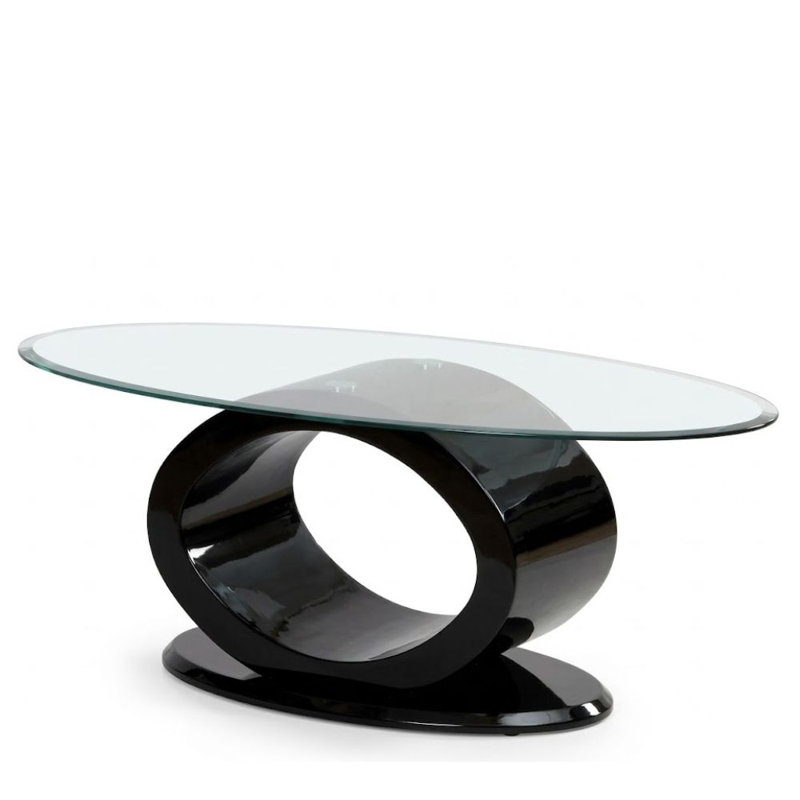 Vanna 47 In. Black Oval Glass Coffee Table With High Gloss O-Shape Pedestal Base