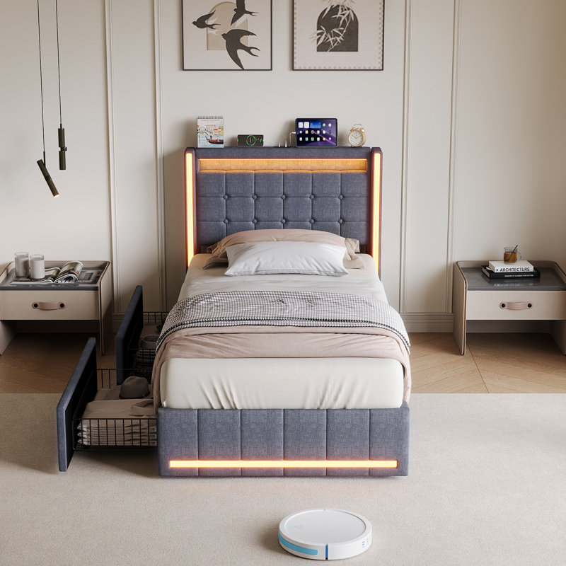 Upholstered Bed, Grey, Single (3')