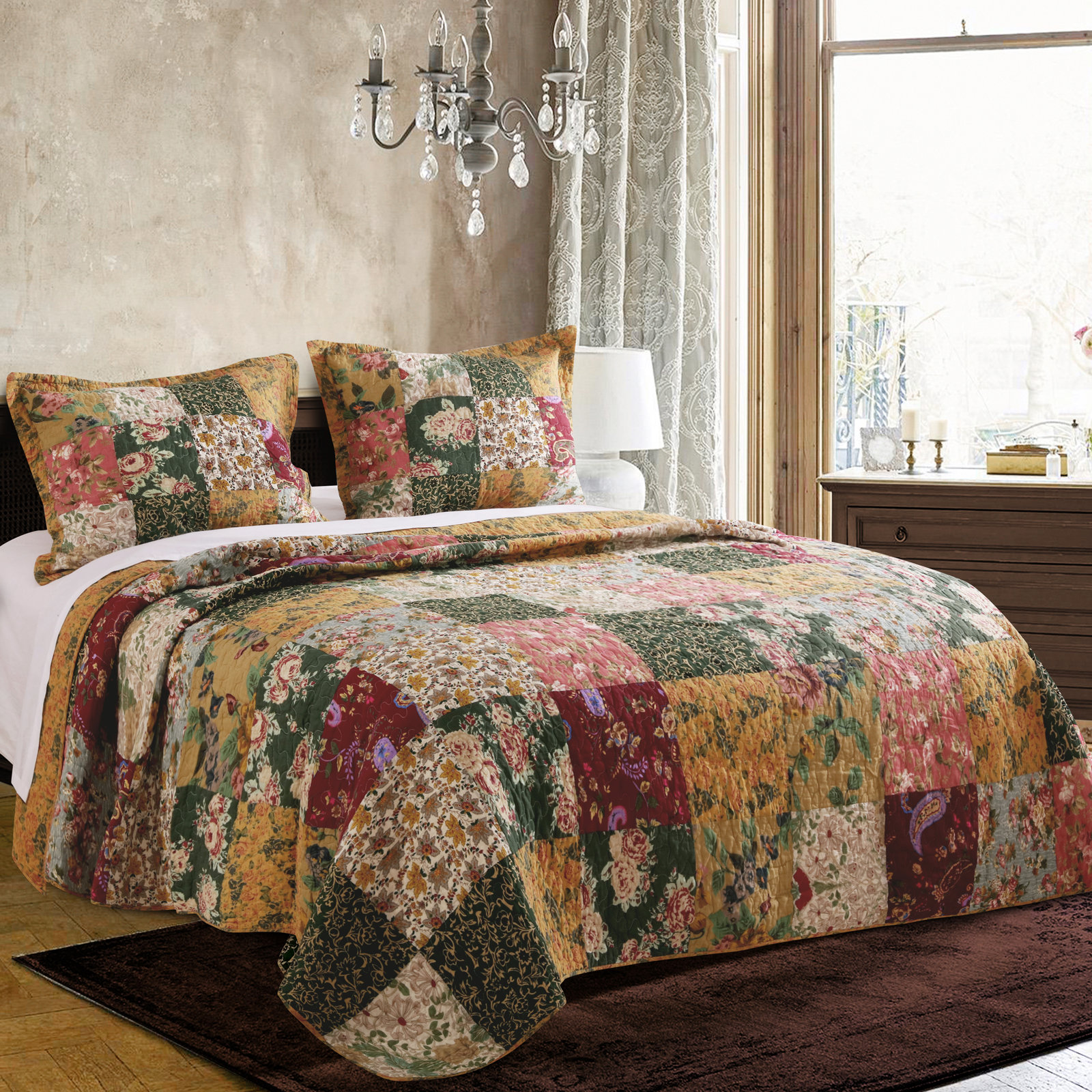 Antique Cotton Bedspread Set, Queen bedspread + 2 Shams