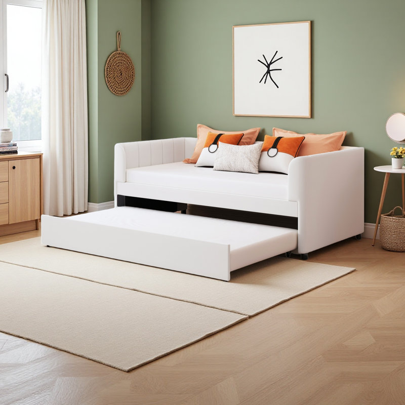 Lit de jour simple rembourré avec dossier ergonomique et lit gigogne, Beige
