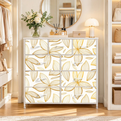 Commode avec 9 tiroirs en tissu, commode haute pour chambre à coucher, commode à grandes tiroirs pour le salon