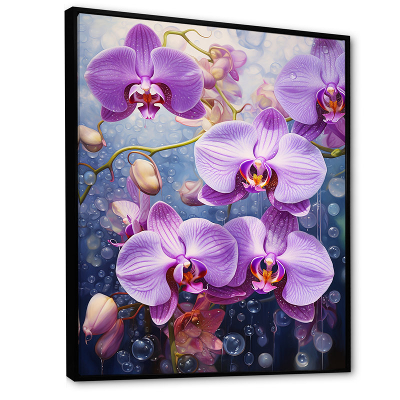 Collage d'orchidées mauves mauves sur toile, Cadre flottant noir, H 32 po x l 16 po x P 1 po