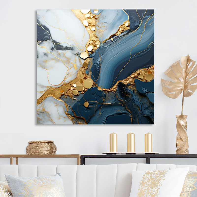 Or et art géométrique bleu V - encre liquide, art mural abstrait en métal, H 16 po x l 16 po