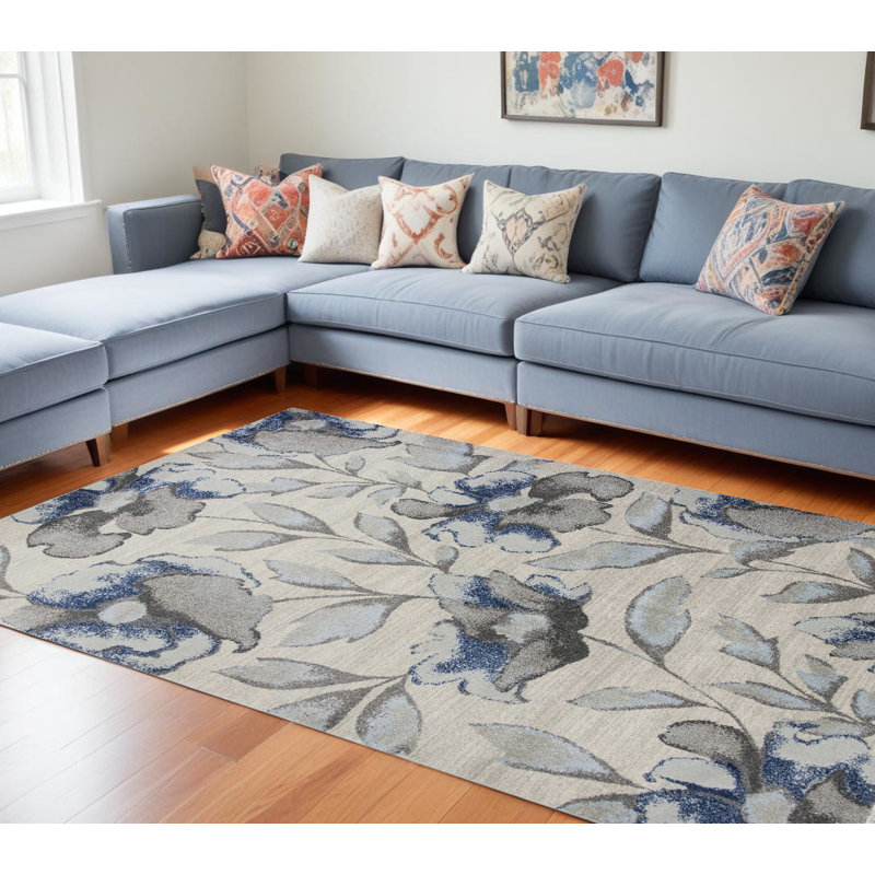 Blue and Gray Floral Vines Area Rug, Rectangle 7'10" x 10'10"