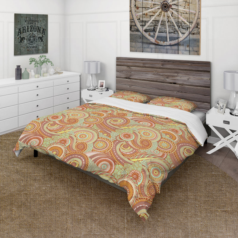Paisley en orange et vert - Ensemble de housse de couette bohémien - Microfibre de polyester